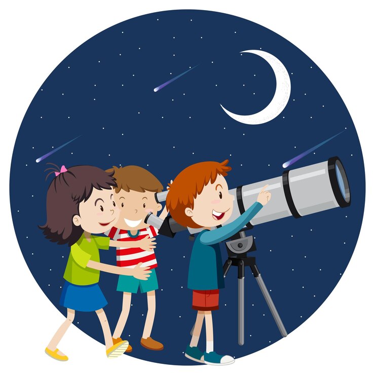 Vector gratuito niños felices observan el cielo nocturno con telescopio