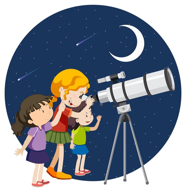 Niños felices observan el cielo nocturno con telescopio