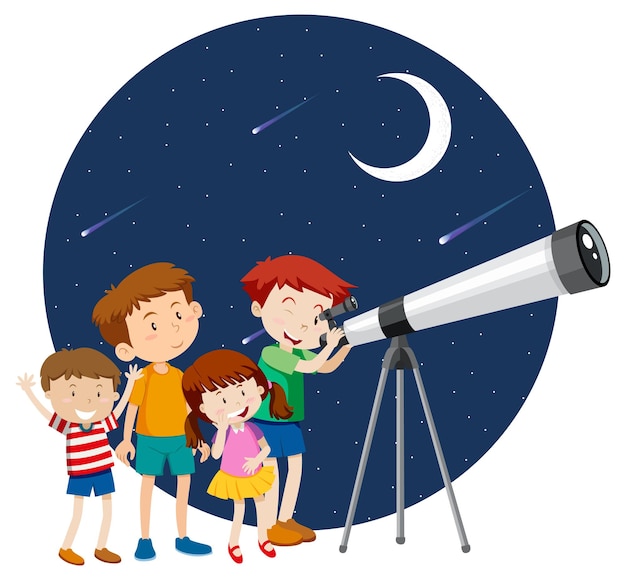 Niños felices observan el cielo nocturno con telescopio