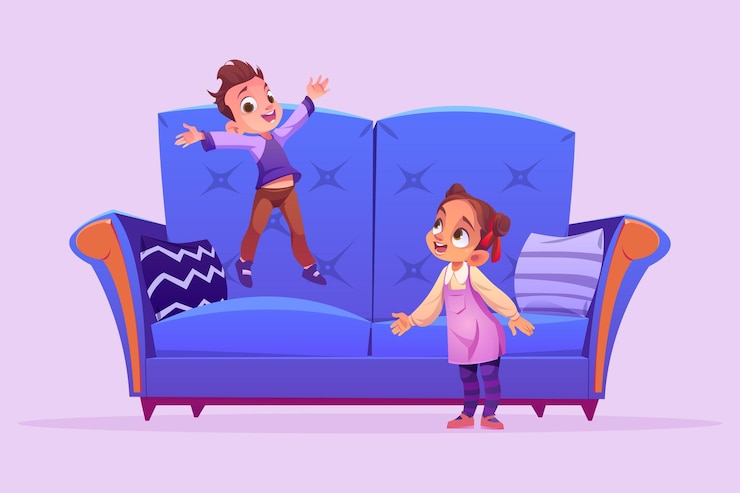 Vector gratuito niños felices saltan y juegan en el sofá en casa