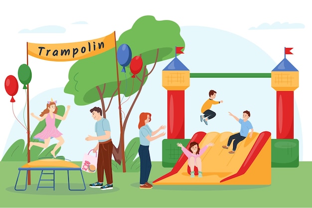Vector gratuito niños felices saltando en trampolín y deslizándose por tobogán inflable en el parque de atracciones ilustración vectorial de composición plana