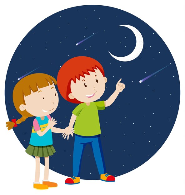 Niños felices señalando con el dedo a la luna