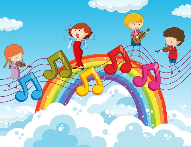Niños felices con símbolos de melodía musical en el cielo con arco iris