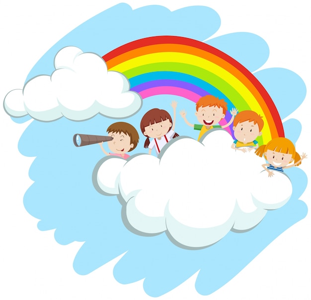 Niños felices sobre el arco iris ilustración