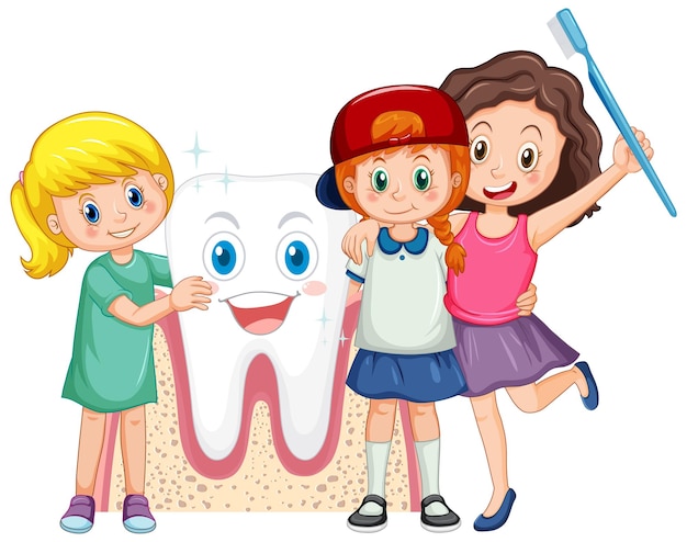 Vector gratuito niños felices sosteniendo cepillo de dientes y abrazando diente grande en blanco