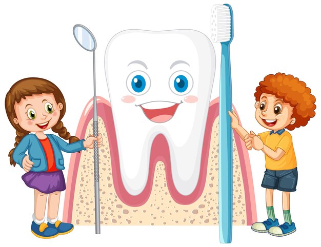 Niños felices sosteniendo un espejo dental y un cepillo de dientes con un diente grande