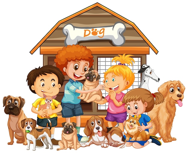 Vector gratuito niños felices con sus perros en estilo de dibujos animados