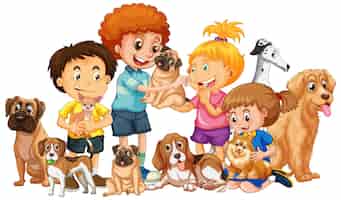 Vector gratuito niños felices con sus perros en estilo de dibujos animados
