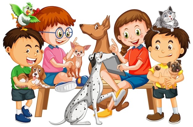 Vector gratuito niños felices con sus perros