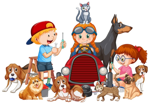 Vector gratuito niños felices con sus perros