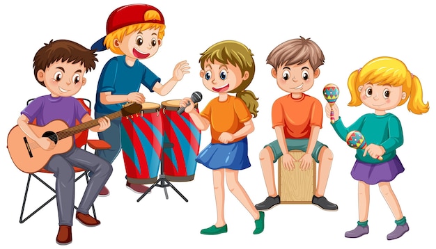 Vector gratuito niños felices tocando instrumentos musicales