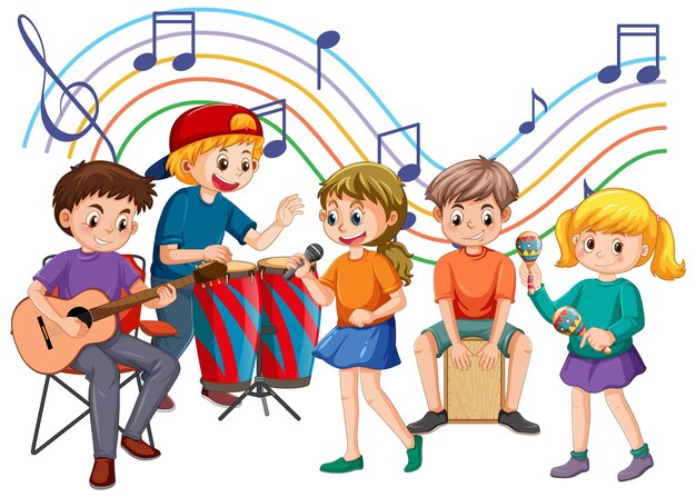 Niños felices tocando instrumentos musicales