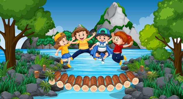 Niños en el fondo de la naturaleza al aire libre.