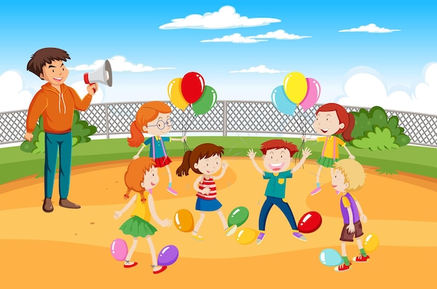 Vector gratuito niños haciendo actividad física con globos