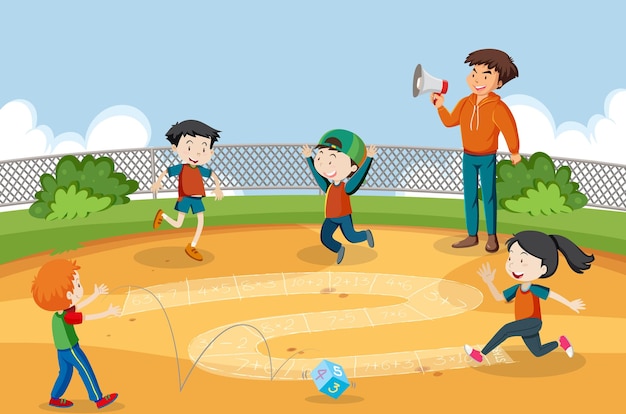 Vector gratuito niños haciendo actividad física tirando los dados