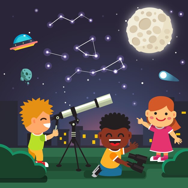 Niños haciendo observaciones astronómicas del telescopio