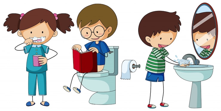Vector gratuito niños haciendo rutina diferente en el baño