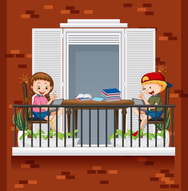 Niños haciendo la tarea en el balcón.