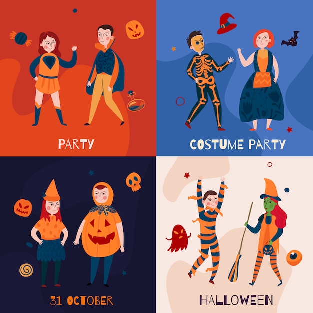 Niños de halloween en disfraces colección de pancartas