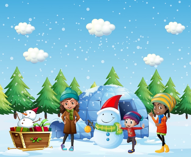 Niños con iglú y muñeco de nieve en invierno.