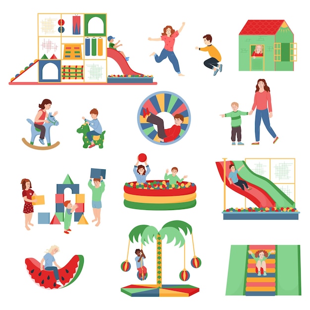 Vector gratuito niños en el interior del patio elementos iconos planos conjunto de carruseles de trampolín tobogán de piscina de bolas ilustración vectorial aislado