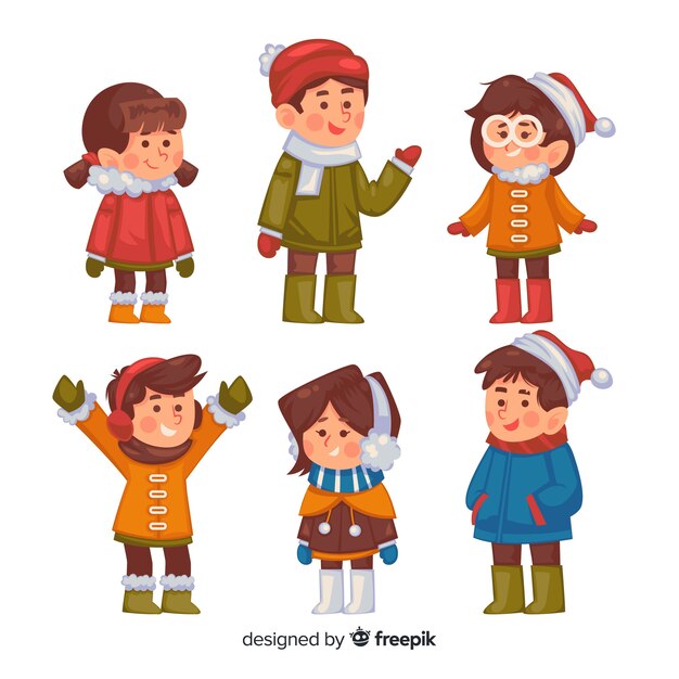 Niños invierno dibujados a mano