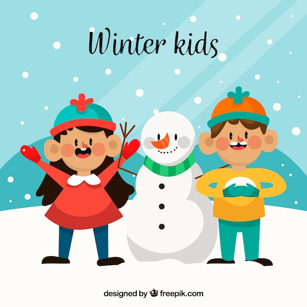 Vector gratuito niños de invierno con un muñeco de nieve