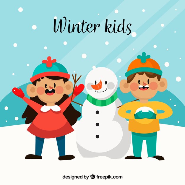 Niños de invierno con un muñeco de nieve