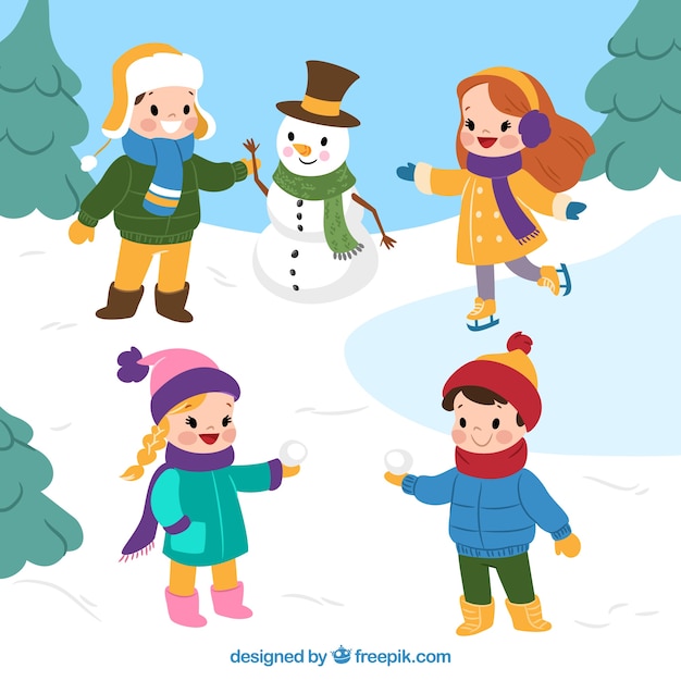 Vector gratuito niños en invierno