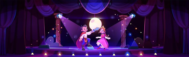 Los niños juegan en el escenario del teatro escolar con cortina