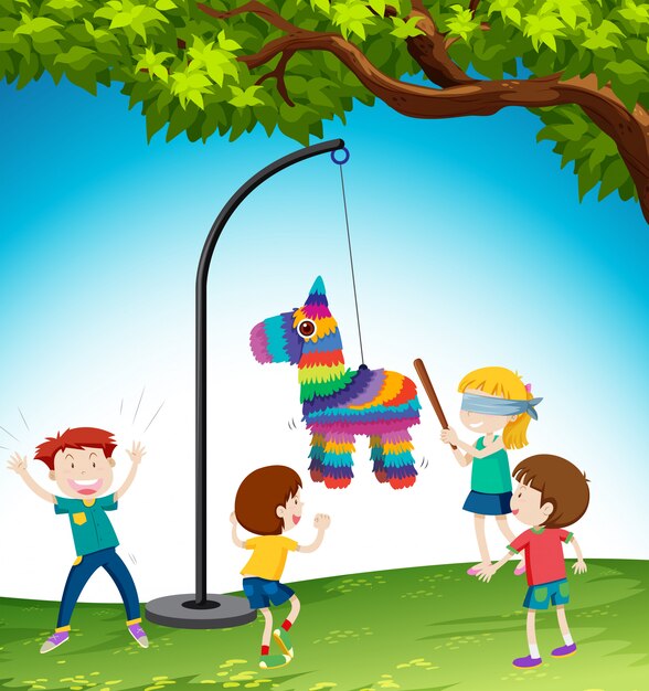 Los niños juegan ilustración de burro de piñata