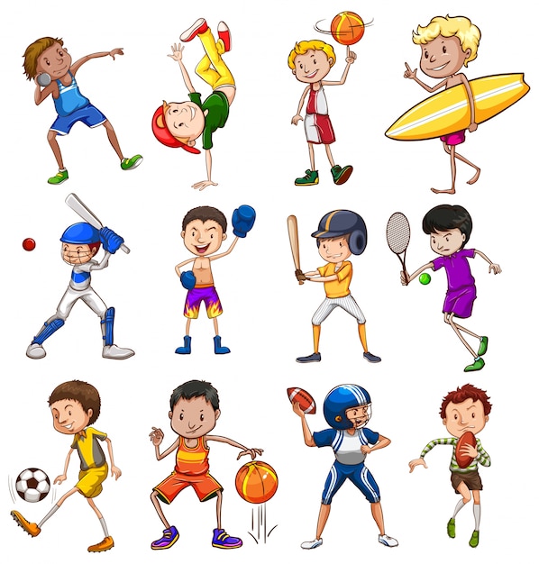 Niños, juego, diiferent, tipos, deportes, ilustración