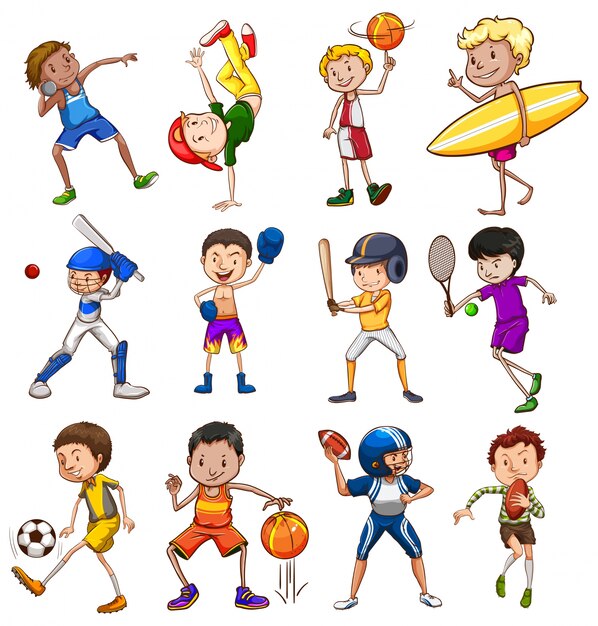 Niños, juego, diiferent, tipos, deportes, Ilustración