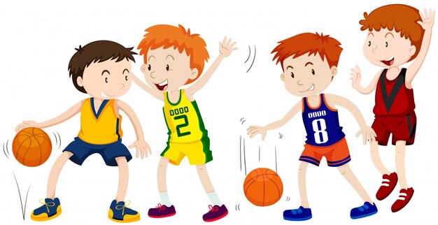 Niños jugando al baloncesto en el fondo blanco