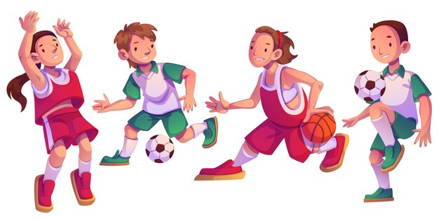 Niños jugando al fútbol y al baloncesto