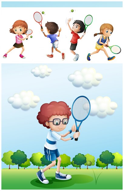 Niños jugando al tenis en la ilustración del parque