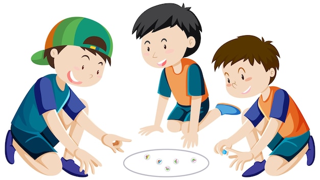 Niños jugando canicas sobre fondo blanco.