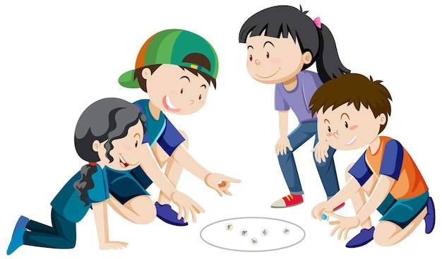 Niños jugando canicas sobre fondo blanco.