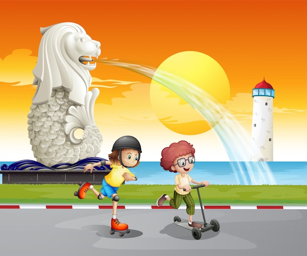 Vector gratuito niños jugando cerca de la estatua de merlion.