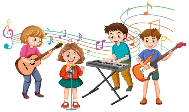 Niños jugando diferentes instrumentos musicales