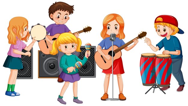 Niños jugando diferentes instrumentos musicales