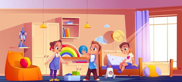Niños jugando en la habitación de los niños en el interior de la casa