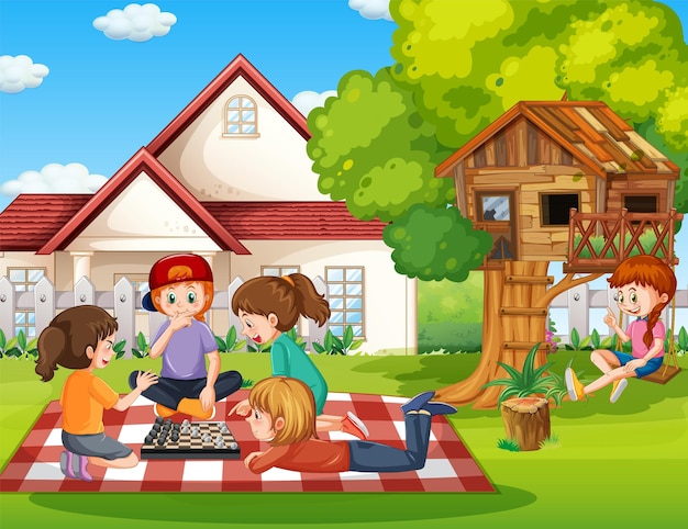 Vector gratuito niños jugando juegos fuera de la casa.