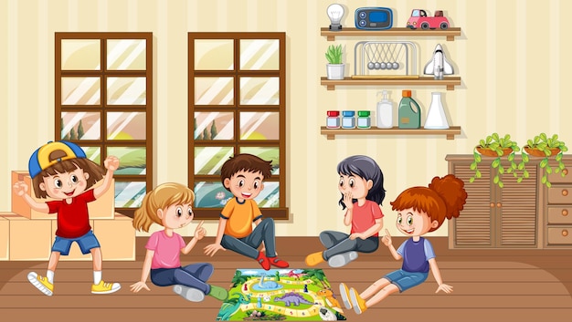 Niños jugando juegos de mesa en la habitación.