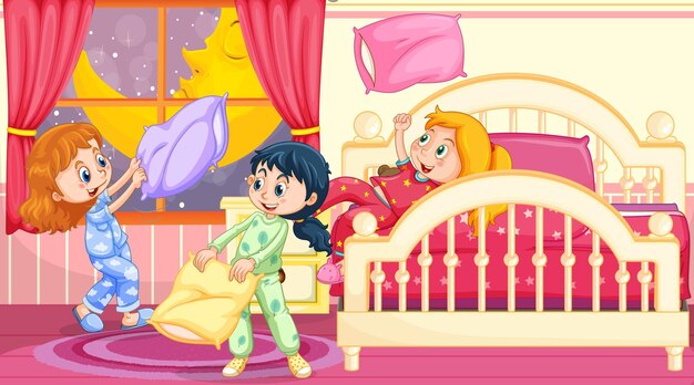 Niños jugando lucha de almohadas en la escena del dormitorio.