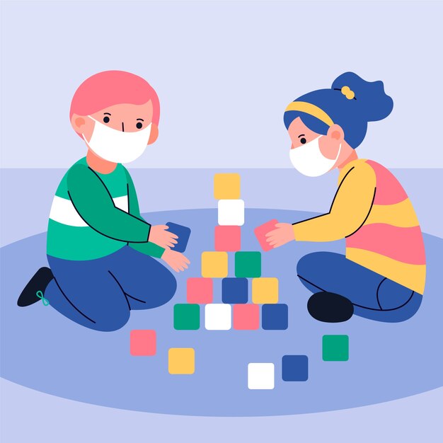 Niños jugando con máscaras médicas