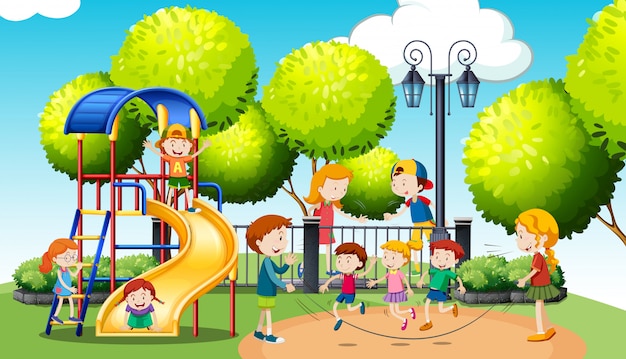 Vector gratuito niños jugando en el parque público.