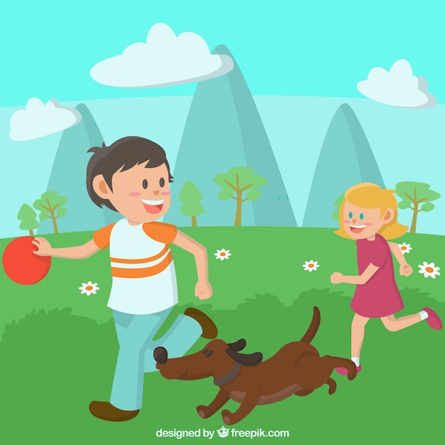 Vector gratuito niños jugando con un perro en una pradera