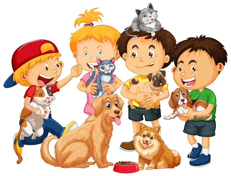 Vector gratuito niños jugando con perros y gatos aislados sobre fondo blanco.