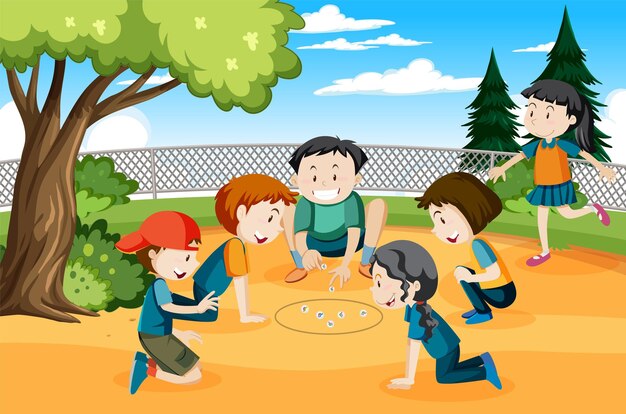 Niños jugando piedras jack en el parque